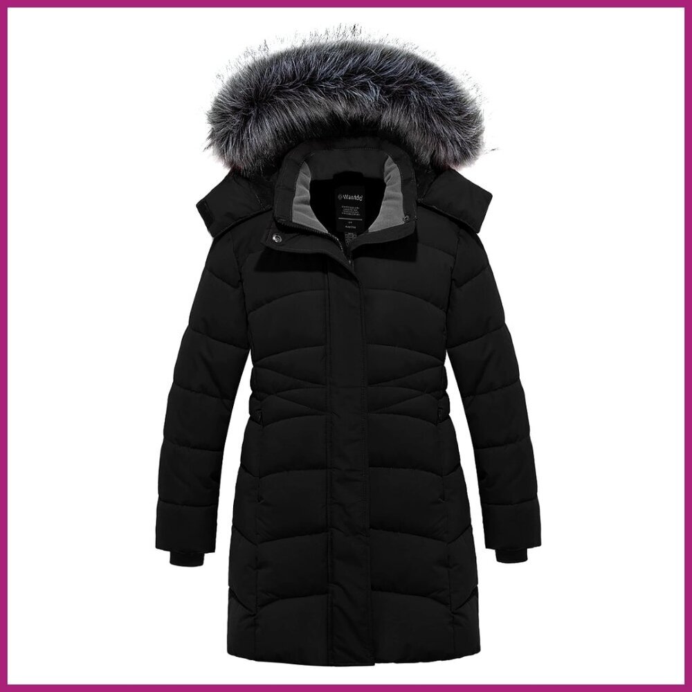 Long Puffer Jacket with Hood, Fleece Lined, Waterproof Winter Coat